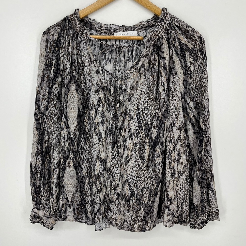 Rebecca Minkoff Grey Snakeskin Print Tie Front Ruffle Viscose Blouse Womens M